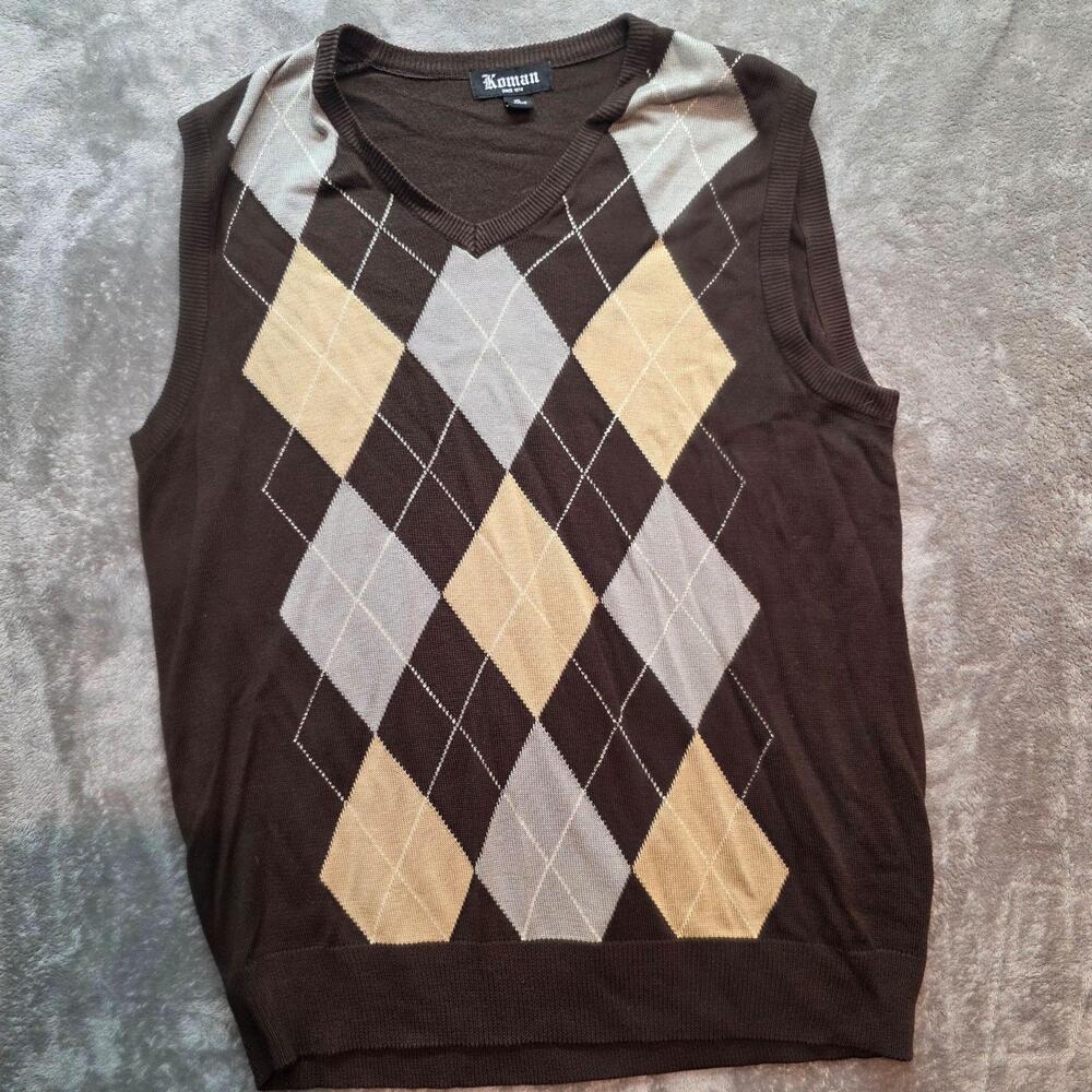 Koman Sweater Vest Mens XL Brown Argyle V-Neck Sleeveless Knit Golf Casual
